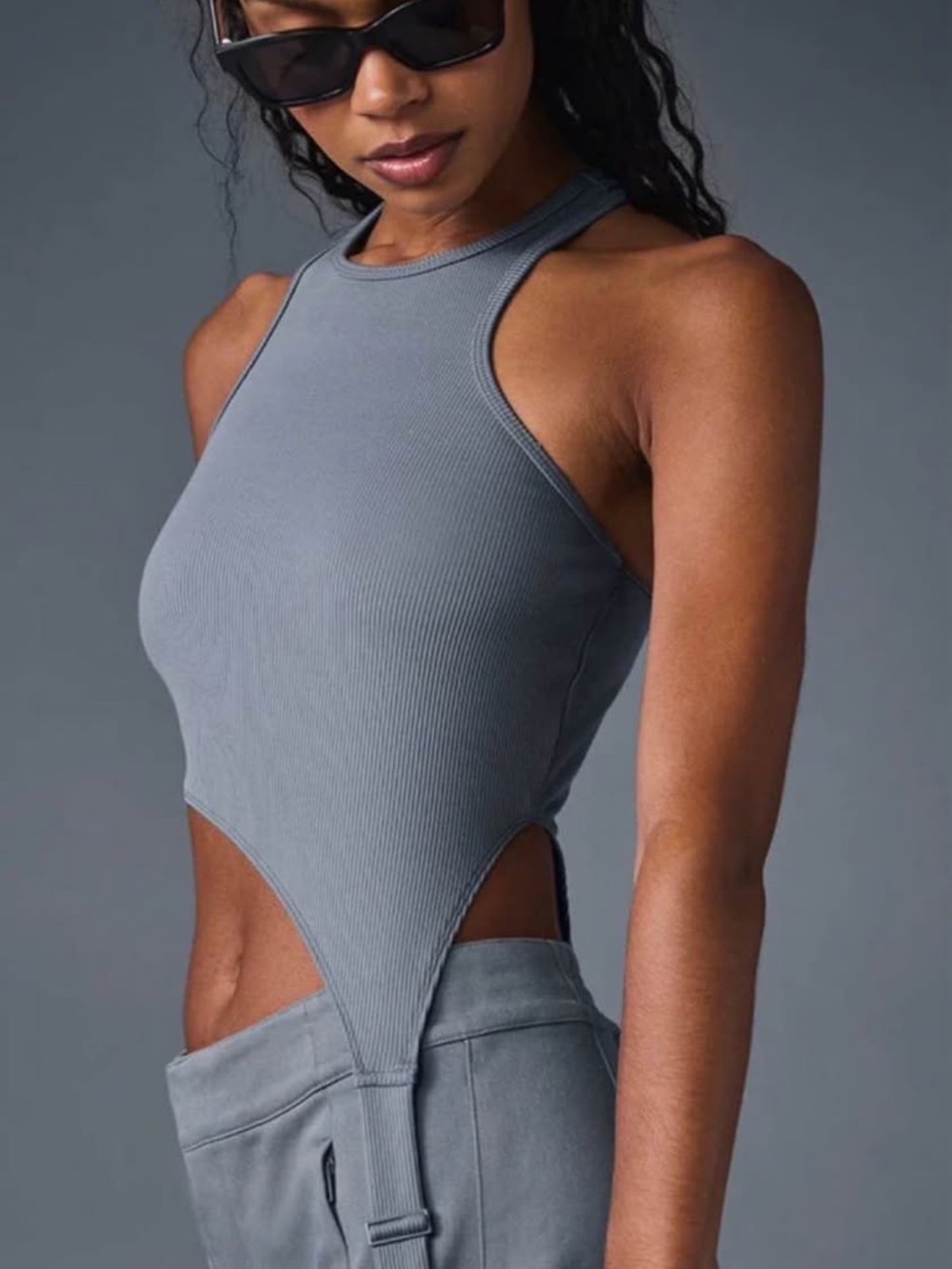 ALO Yoga Ribbed Halter Cutout Bodysuit - Gray